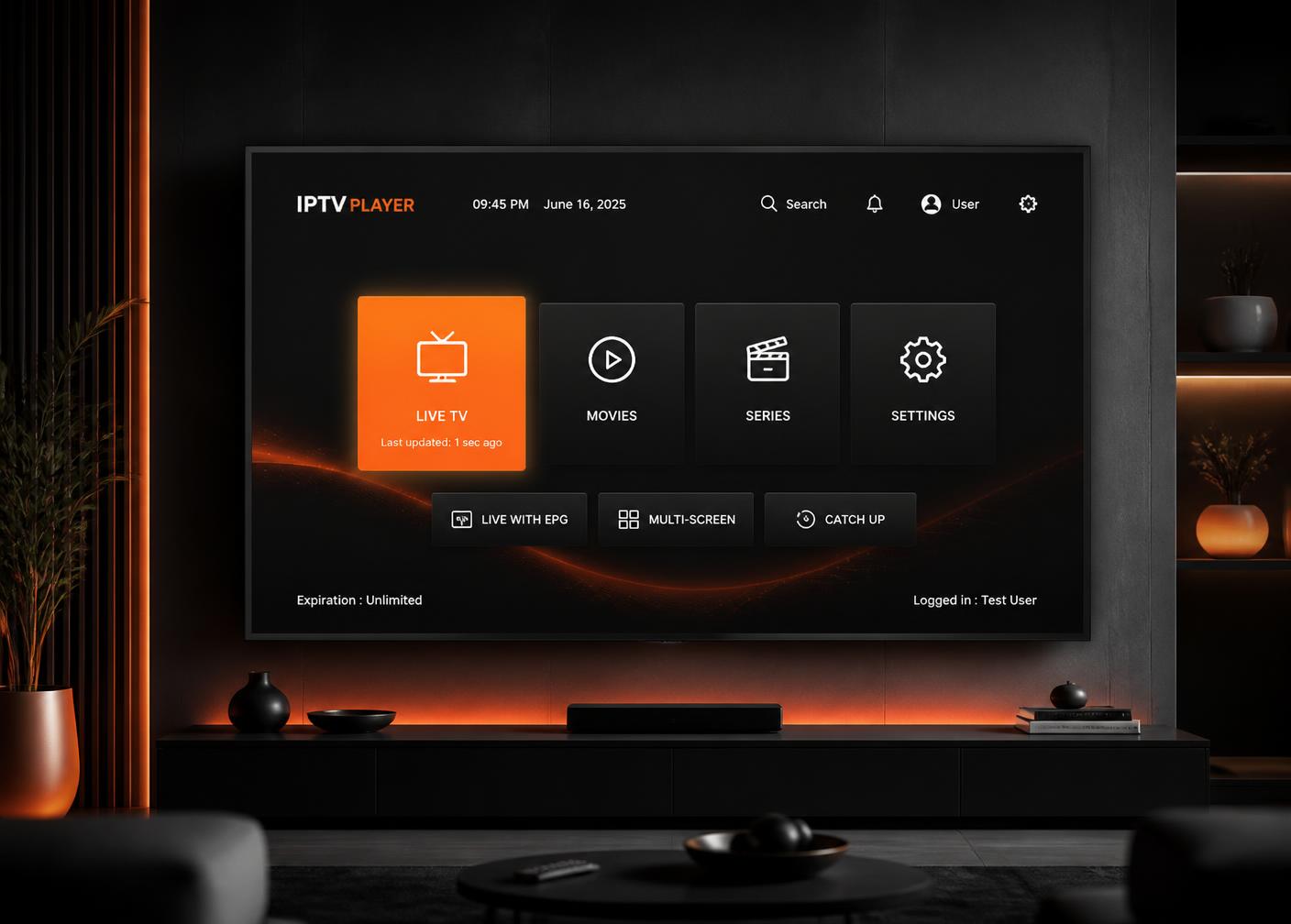 PixaPlay Pro em uma Smart TV mostrando a grade de canais, filmes e séries